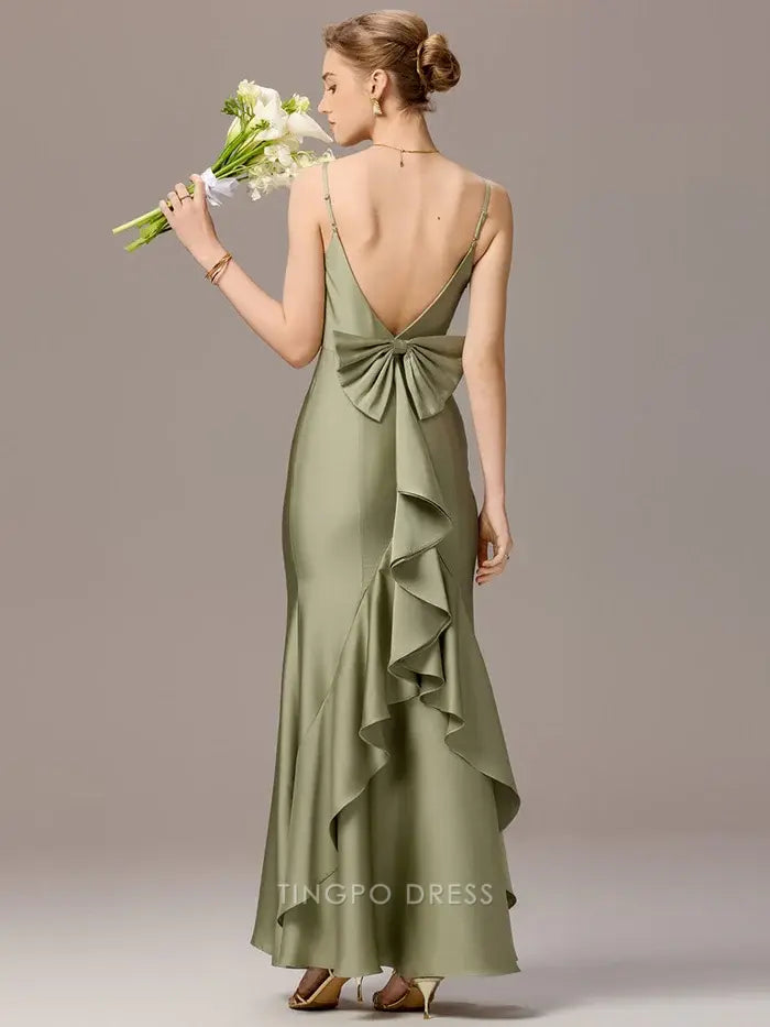 Elegant Spaghetti Strap Open Back Maxi Dress with Bow and Ruffle Detail Prom Dress